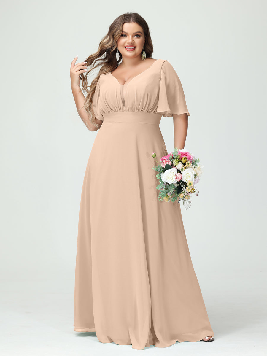 A-Line/Princess/Princess V-Neck Half Sleeves Chiffon Plus Size Bridesmaid Dresses with Pockets