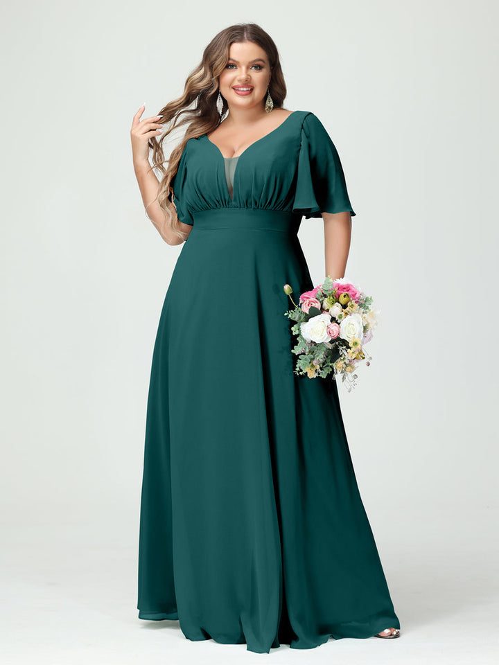 A-Line/Princess/Princess V-Neck Half Sleeves Chiffon Plus Size Bridesmaid Dresses with Pockets