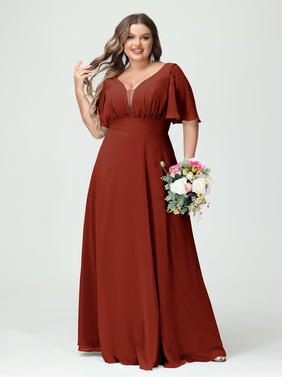 A-Line/Princess/Princess V-Neck Half Sleeves Chiffon Plus Size Bridesmaid Dresses with Pockets