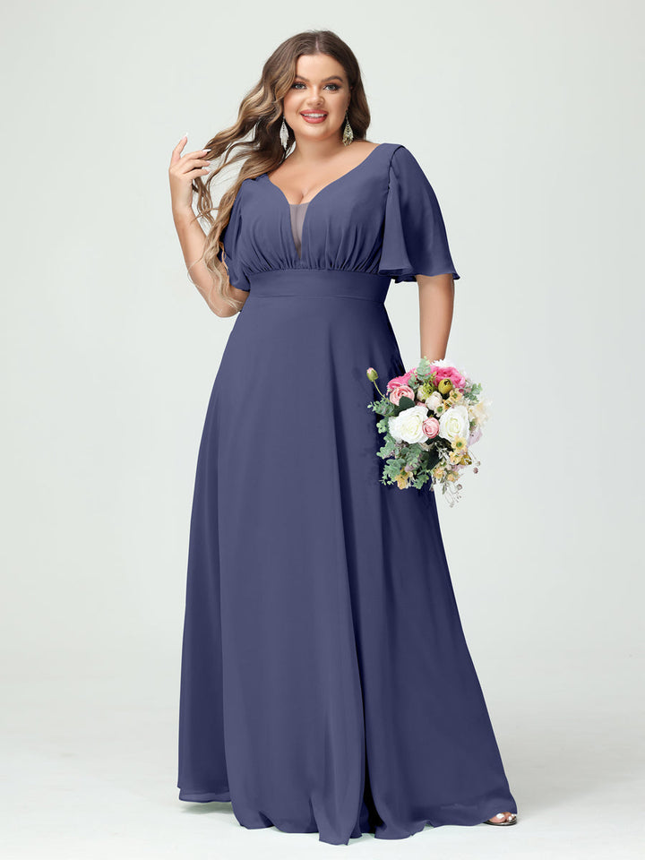 A-Line/Princess/Princess V-Neck Half Sleeves Chiffon Plus Size Bridesmaid Dresses with Pockets