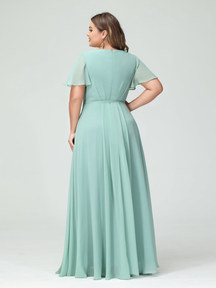 A-Line/Princess/Princess V-Neck Short Sleeves Plus Size Bridesmaid Dresses with Pockets Belt & Split Side