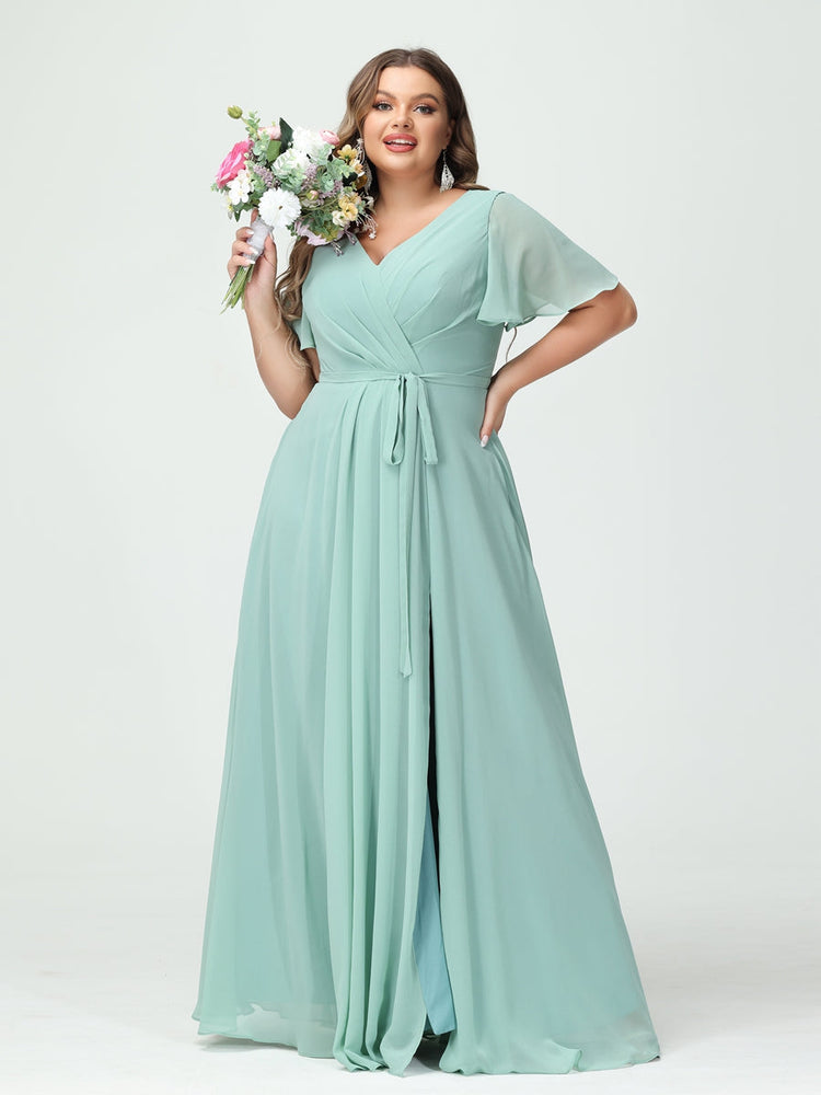 A-Line/Princess/Princess V-Neck Short Sleeves Plus Size Bridesmaid Dresses with Pockets Belt & Split Side