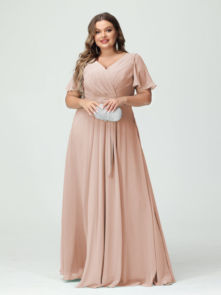 A-Line/Princess/Princess V-Neck Short Sleeves Plus Size Bridesmaid Dresses with Pockets Belt & Split Side