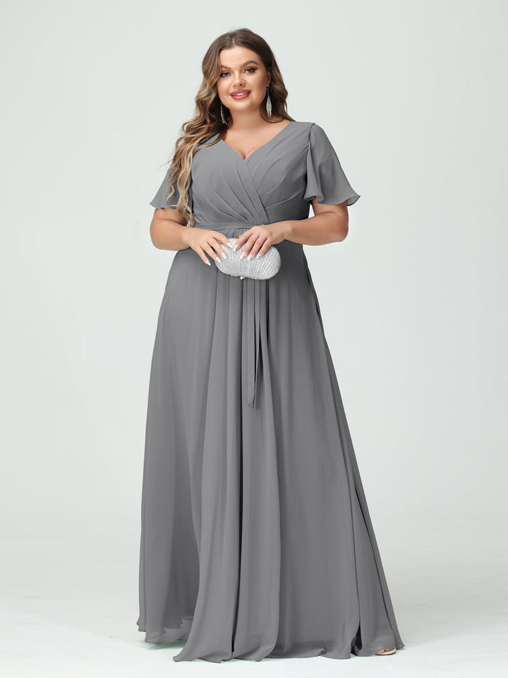 A-Line/Princess/Princess V-Neck Short Sleeves Plus Size Bridesmaid Dresses with Pockets Belt & Split Side