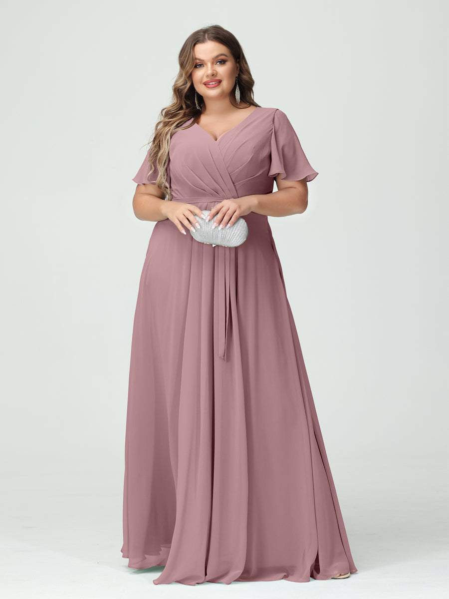 A-Line/Princess/Princess V-Neck Short Sleeves Plus Size Bridesmaid Dresses with Pockets Belt & Split Side