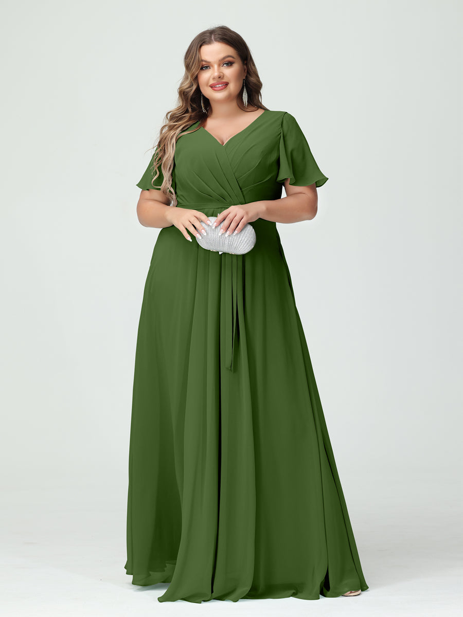 A-Line/Princess/Princess V-Neck Short Sleeves Plus Size Bridesmaid Dresses with Pockets Belt & Split Side