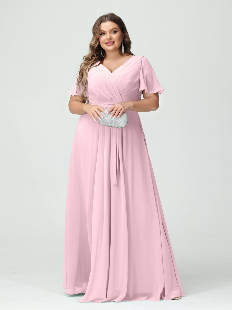 A-Line/Princess/Princess V-Neck Short Sleeves Plus Size Bridesmaid Dresses with Pockets Belt & Split Side