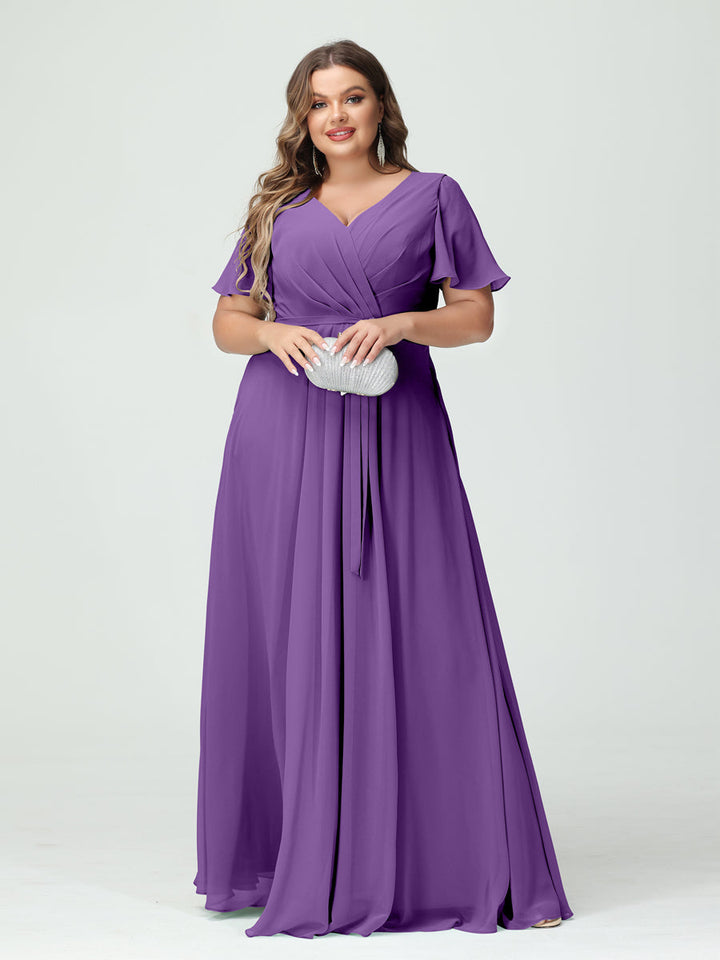 A-Line/Princess/Princess V-Neck Short Sleeves Plus Size Bridesmaid Dresses with Pockets Belt & Split Side