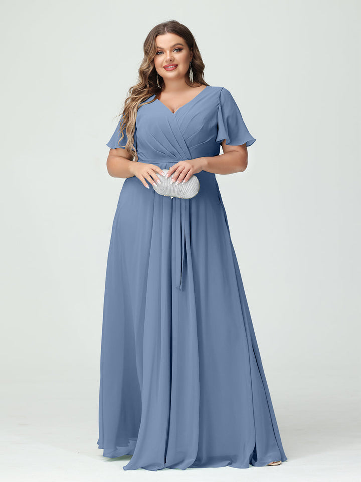 A-Line/Princess/Princess V-Neck Short Sleeves Plus Size Bridesmaid Dresses with Pockets Belt & Split Side