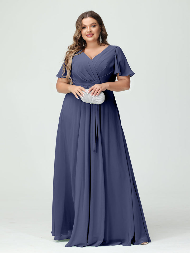 A-Line/Princess/Princess V-Neck Short Sleeves Plus Size Bridesmaid Dresses with Pockets Belt & Split Side