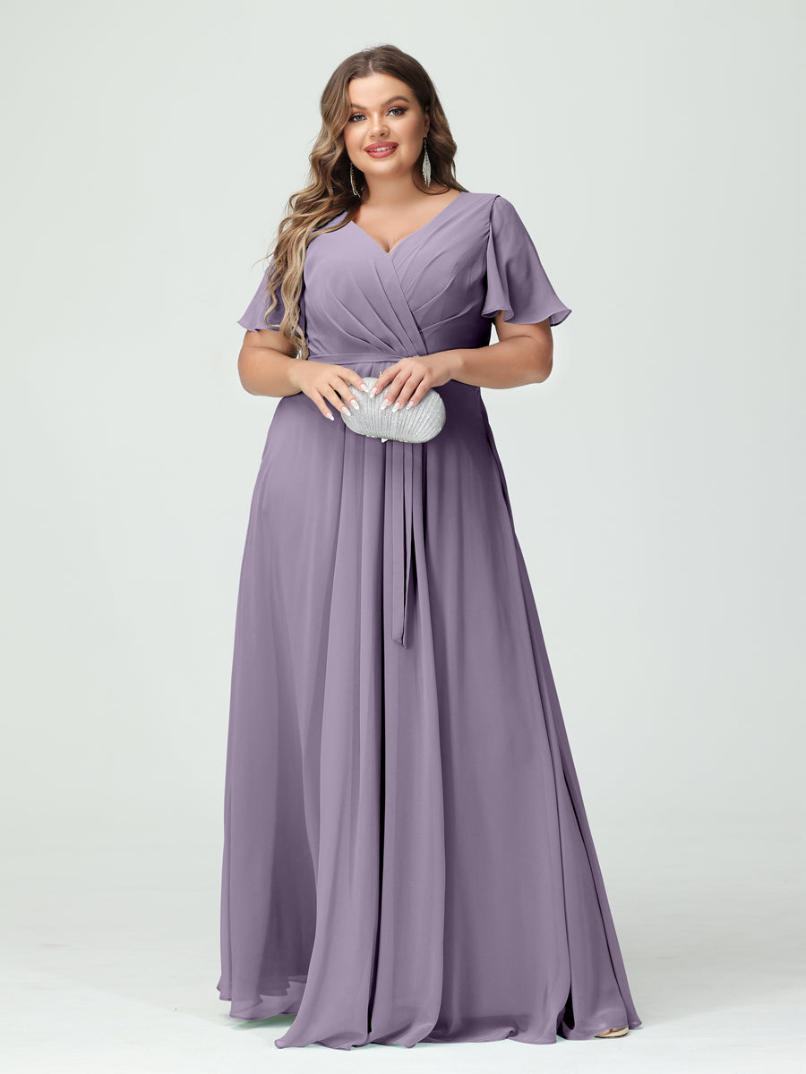 A-Line/Princess/Princess V-Neck Short Sleeves Plus Size Bridesmaid Dresses with Pockets Belt & Split Side