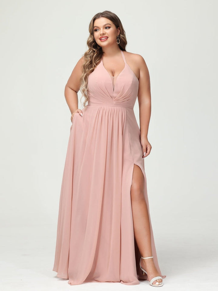 A-Line/Princess Halter Sleeveless Floor-Length Plus Size Bridesmaid Dresses with Pockets & Split Side