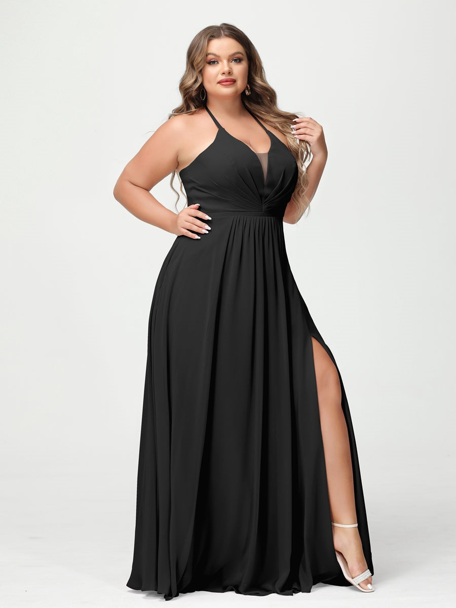 A-Line/Princess Halter Sleeveless Floor-Length Plus Size Bridesmaid Dresses with Pockets & Split Side