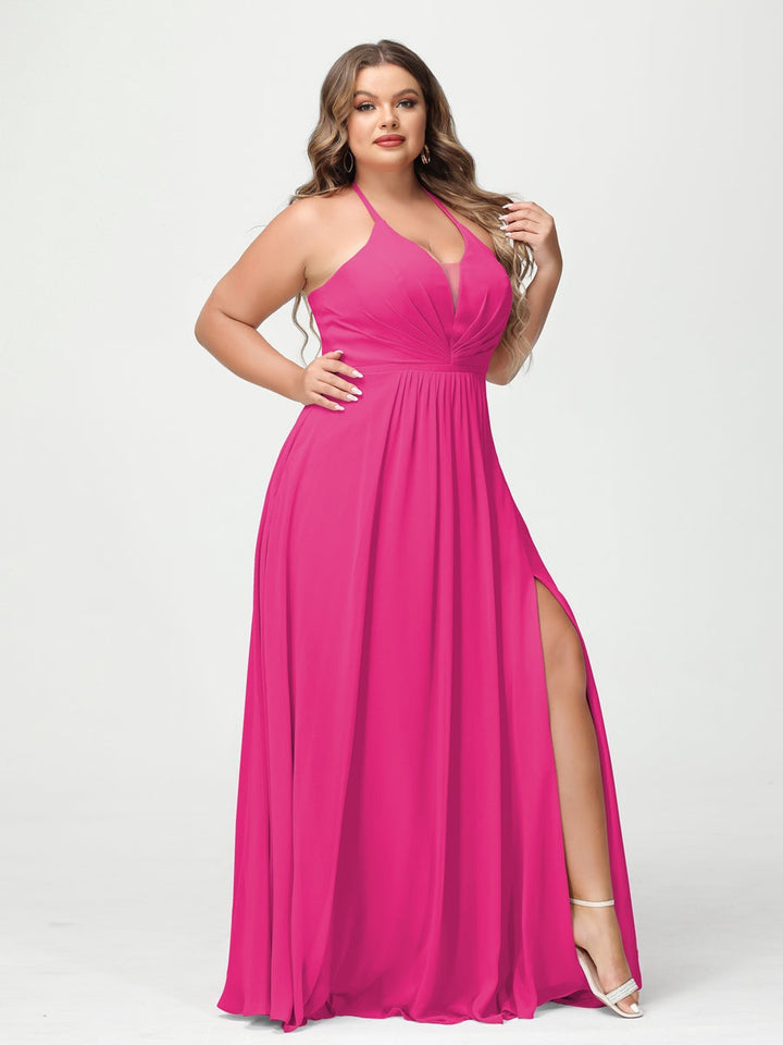 A-Line/Princess Halter Sleeveless Floor-Length Plus Size Bridesmaid Dresses with Pockets & Split Side