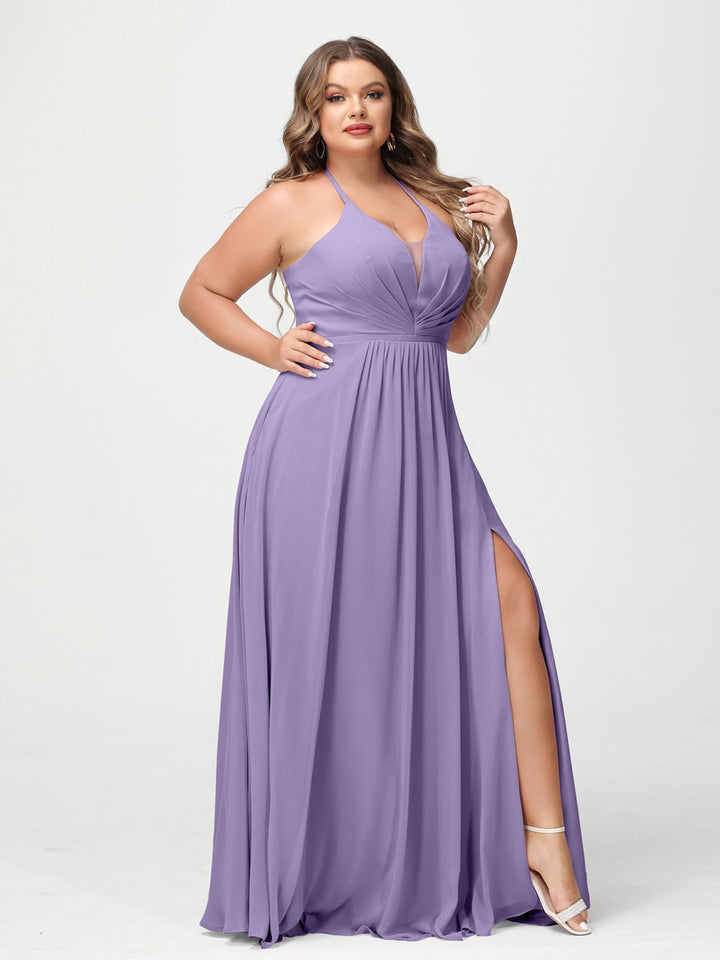 A-Line/Princess Halter Sleeveless Floor-Length Plus Size Bridesmaid Dresses with Pockets & Split Side