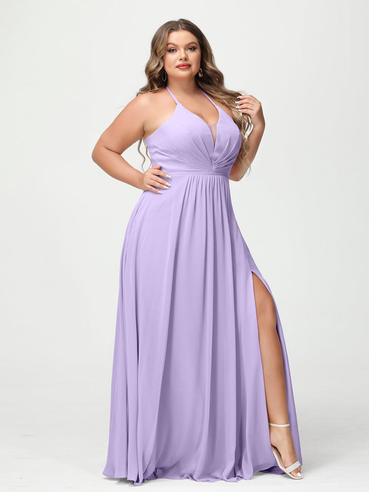 A-Line/Princess Halter Sleeveless Floor-Length Plus Size Bridesmaid Dresses with Pockets & Split Side