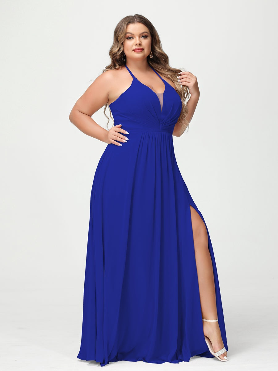 A-Line/Princess Halter Sleeveless Floor-Length Plus Size Bridesmaid Dresses with Pockets & Split Side