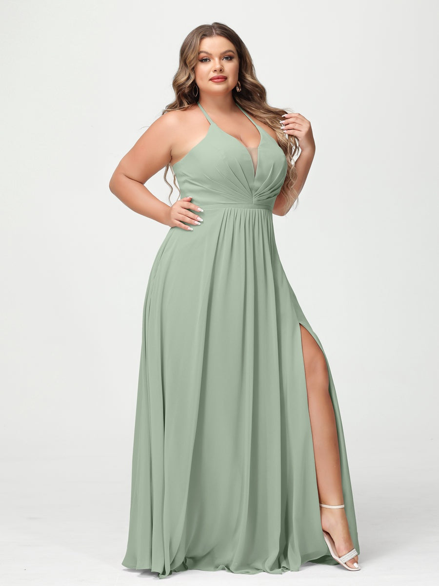 A-Line/Princess Halter Sleeveless Floor-Length Plus Size Bridesmaid Dresses with Pockets & Split Side