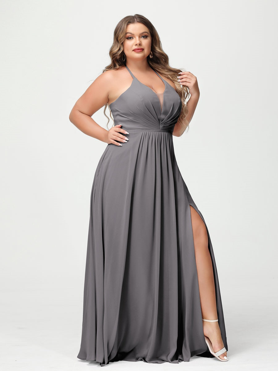 A-Line/Princess Halter Sleeveless Floor-Length Plus Size Bridesmaid Dresses with Pockets & Split Side