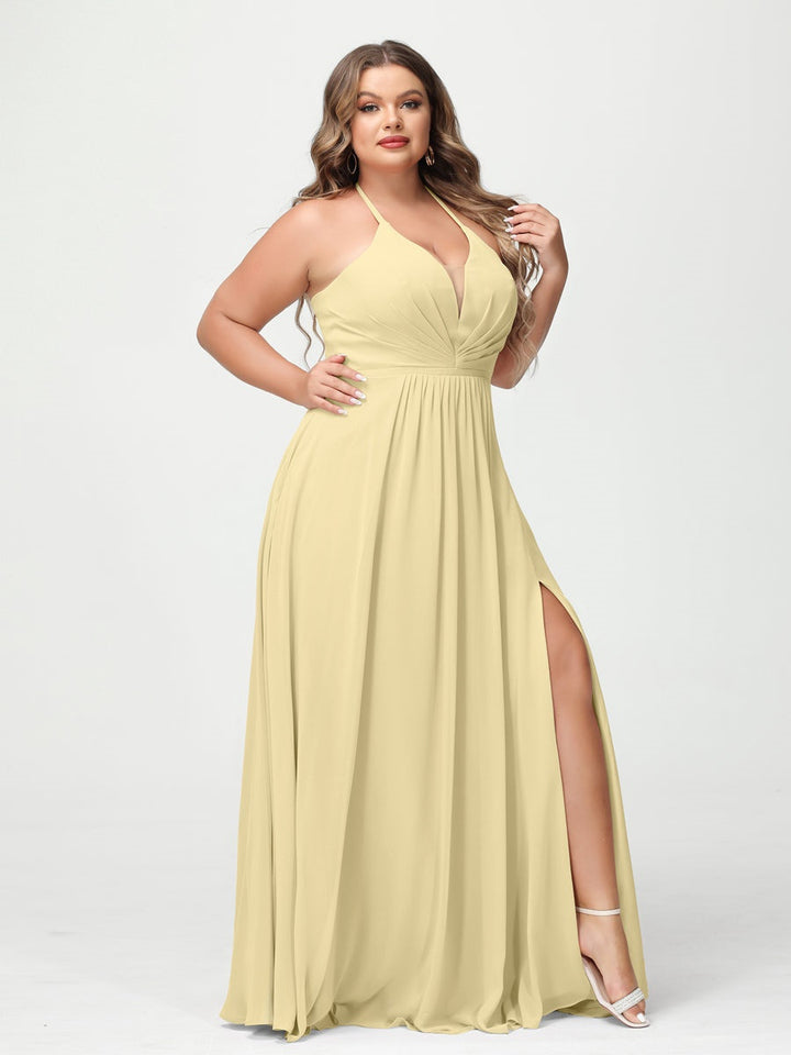 A-Line/Princess Halter Sleeveless Floor-Length Plus Size Bridesmaid Dresses with Pockets & Split Side