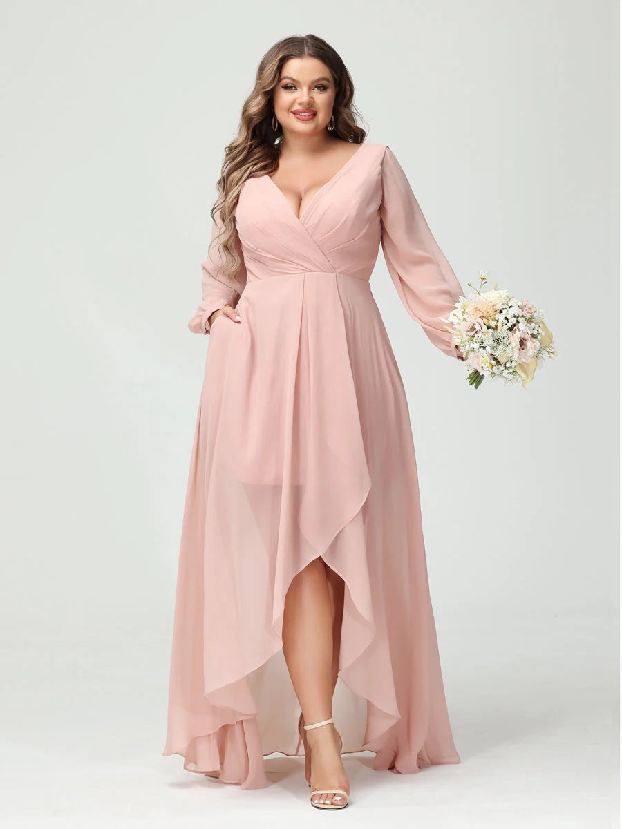 A-Line/Princess V-Neck Long Sleeves Asymmetrical Plus Size Bridesmaid Dresses with Pockets