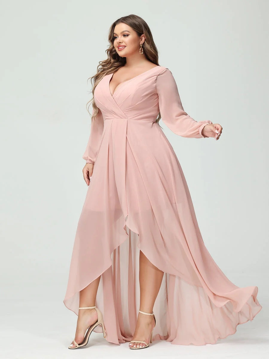 A-Line/Princess V-Neck Long Sleeves Asymmetrical Plus Size Bridesmaid Dresses with Pockets