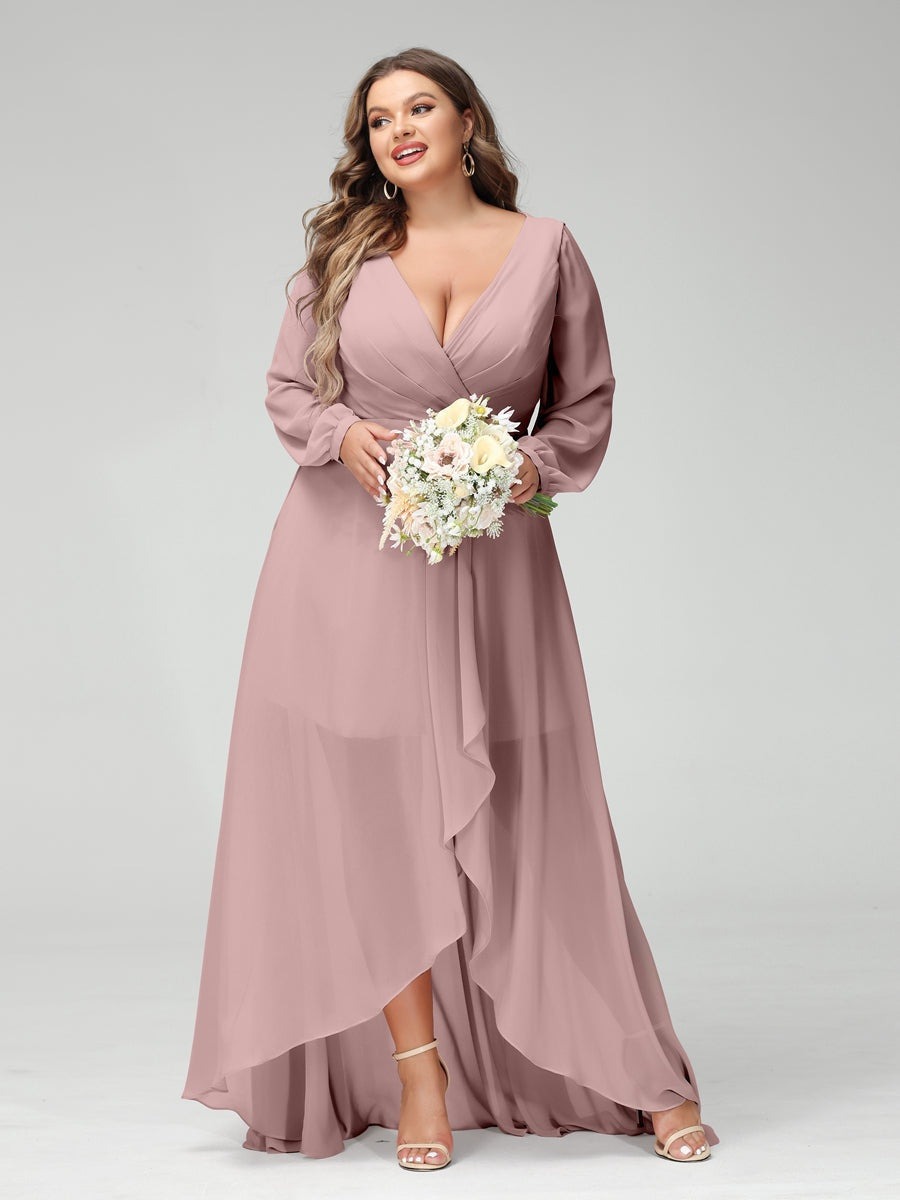 A-Line/Princess V-Neck Long Sleeves Asymmetrical Plus Size Bridesmaid Dresses with Pockets