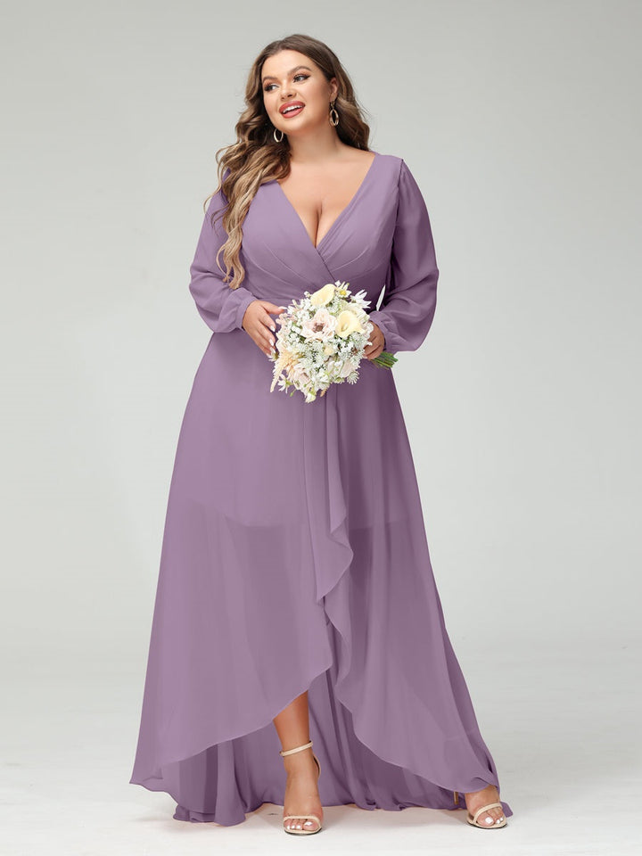 A-Line/Princess V-Neck Long Sleeves Asymmetrical Plus Size Bridesmaid Dresses with Pockets