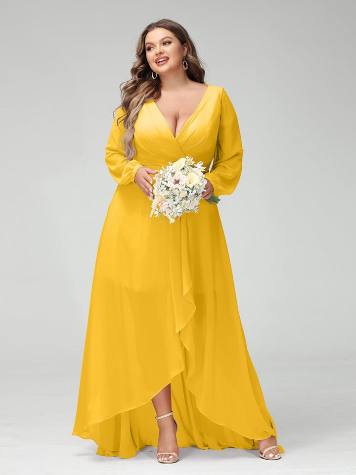 A-Line/Princess V-Neck Long Sleeves Asymmetrical Plus Size Bridesmaid Dresses with Pockets