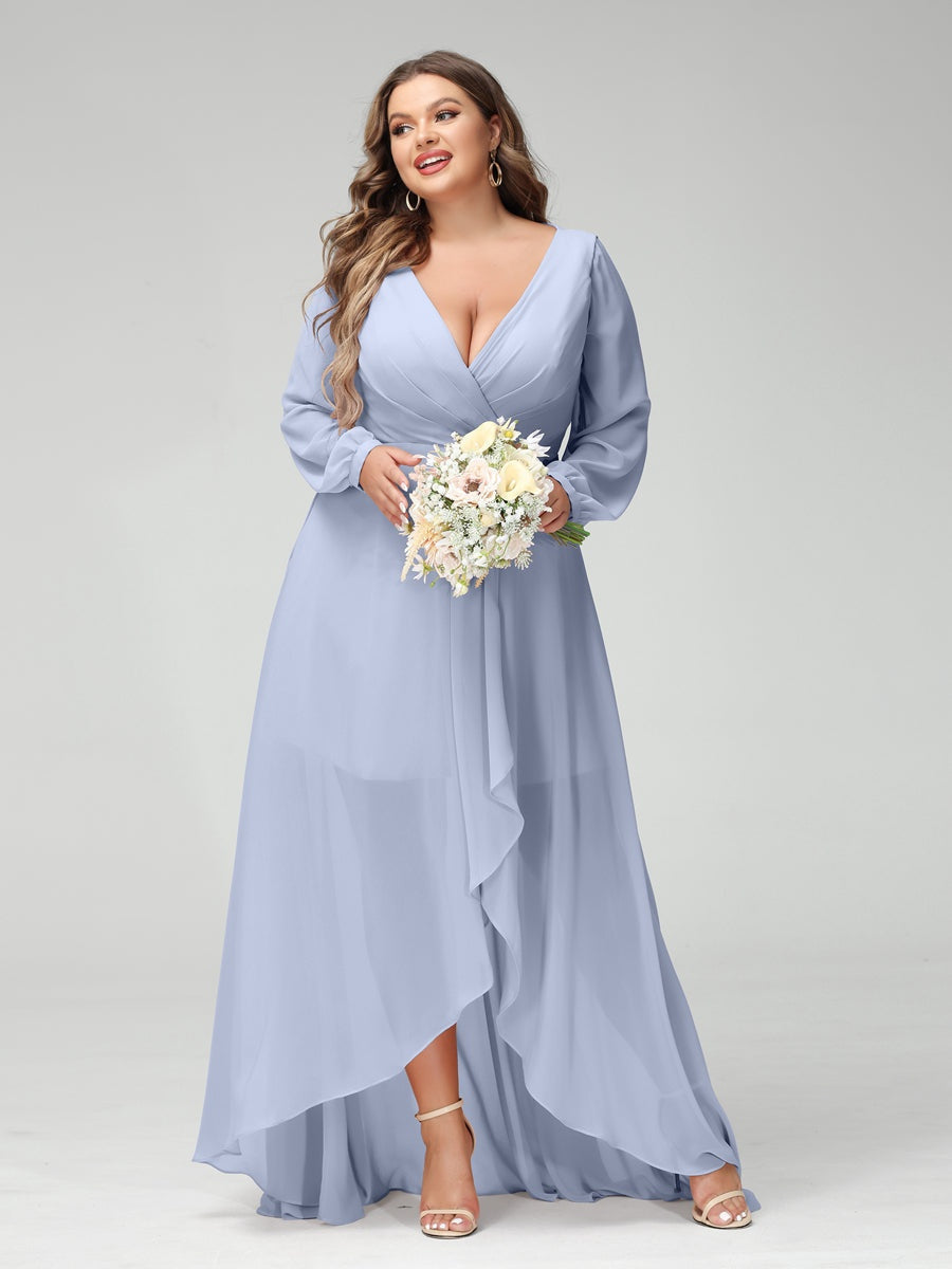 A-Line/Princess V-Neck Long Sleeves Asymmetrical Plus Size Bridesmaid Dresses with Pockets