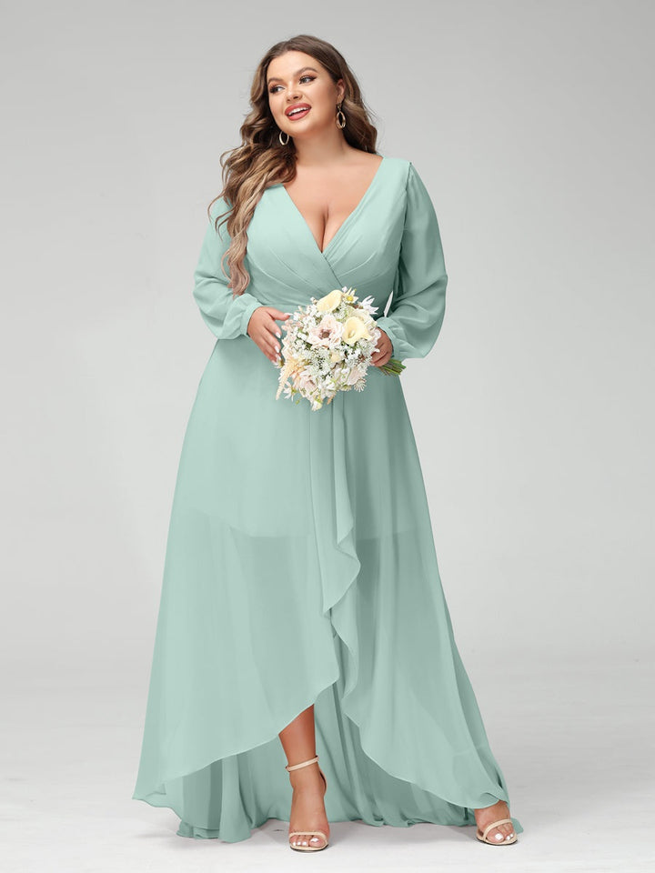 A-Line/Princess V-Neck Long Sleeves Asymmetrical Plus Size Bridesmaid Dresses with Pockets