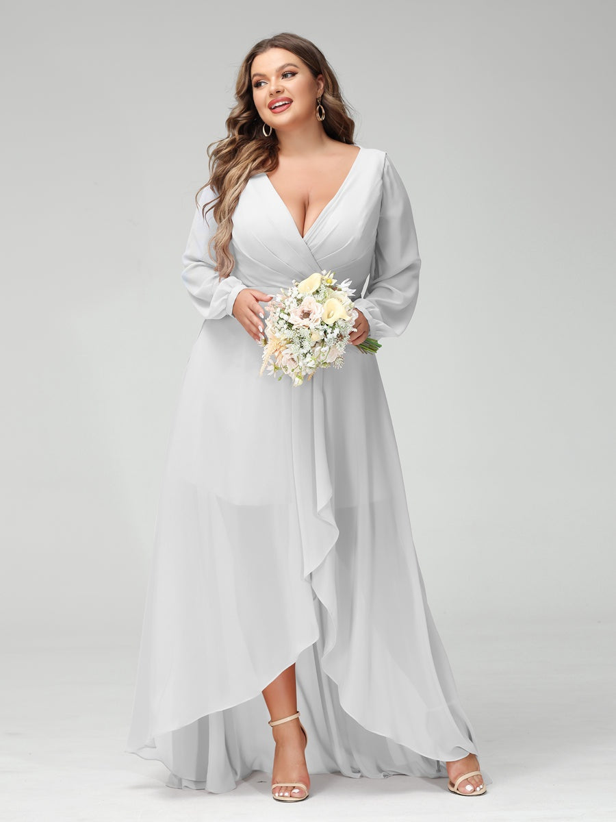 A-Line/Princess V-Neck Long Sleeves Asymmetrical Plus Size Bridesmaid Dresses with Pockets