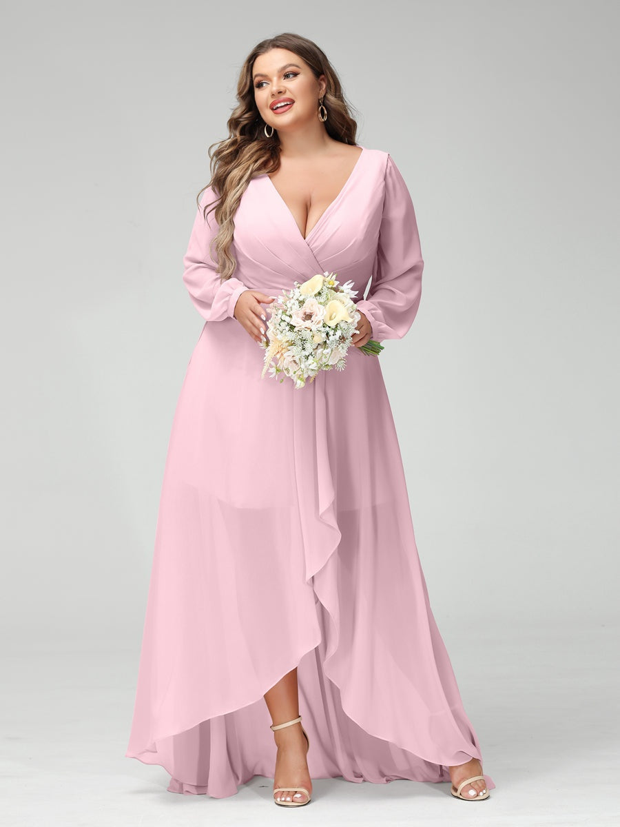 A-Line/Princess V-Neck Long Sleeves Asymmetrical Plus Size Bridesmaid Dresses with Pockets