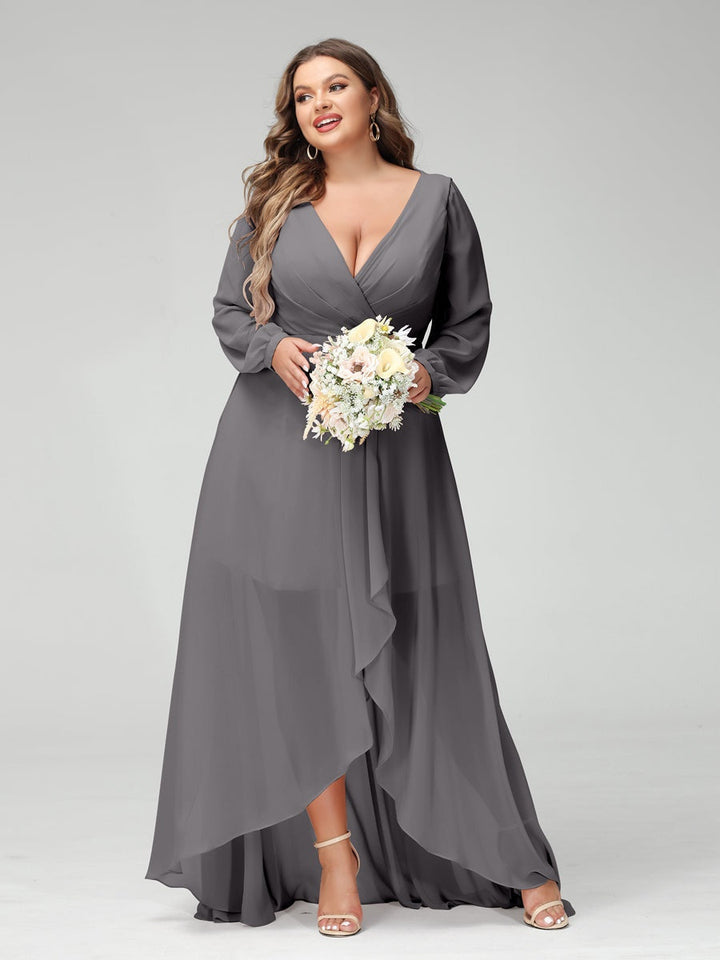 A-Line/Princess V-Neck Long Sleeves Asymmetrical Plus Size Bridesmaid Dresses with Pockets