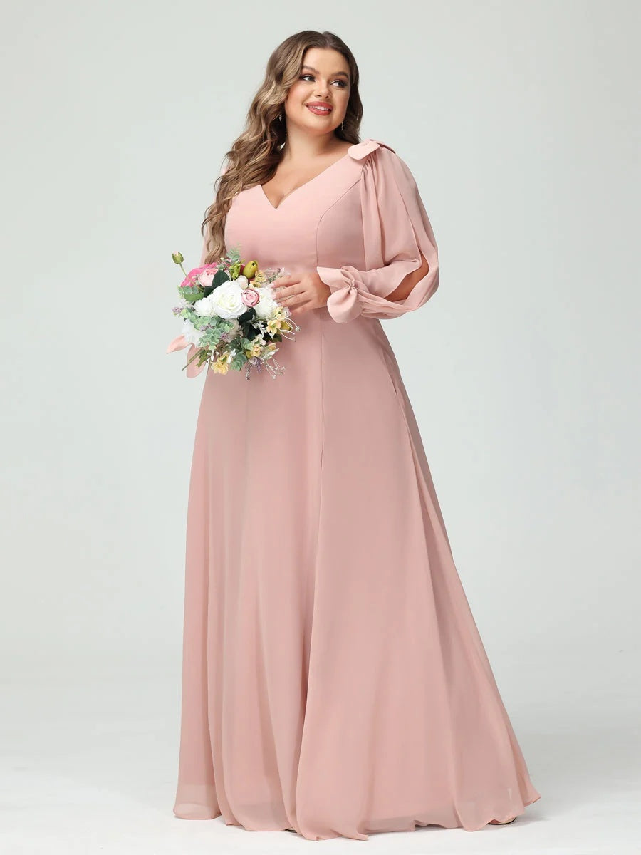 A-Line/Princess V-Neck Long Sleeves Plus Size Bridesmaid Dresses with Pockets & Split Side