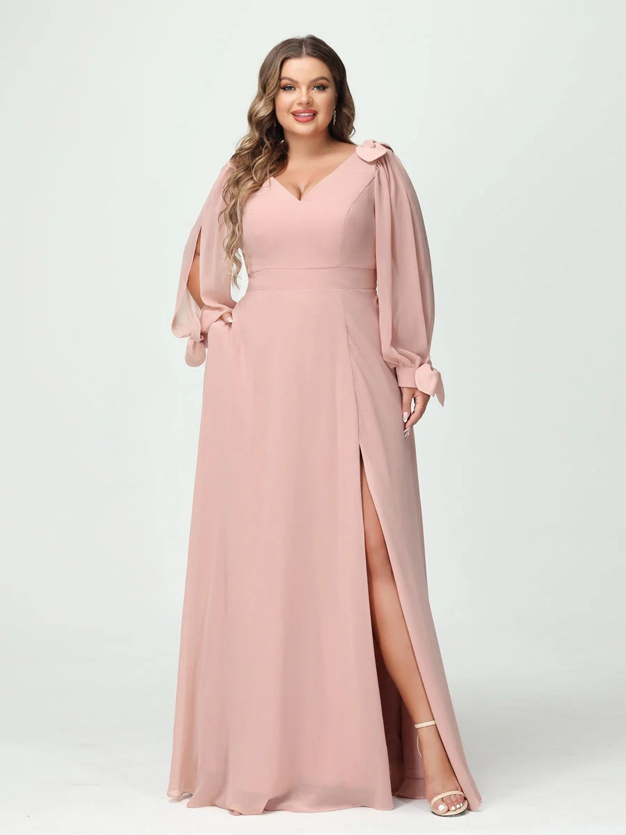 A-Line/Princess V-Neck Long Sleeves Plus Size Bridesmaid Dresses with Pockets & Split Side