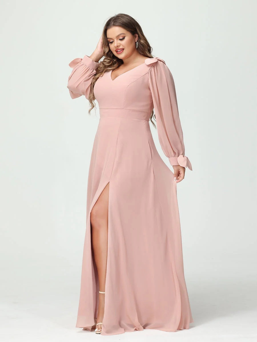 A-Line/Princess V-Neck Long Sleeves Plus Size Bridesmaid Dresses with Pockets & Split Side