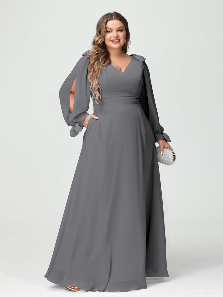 A-Line/Princess V-Neck Long Sleeves Plus Size Bridesmaid Dresses with Pockets & Split Side