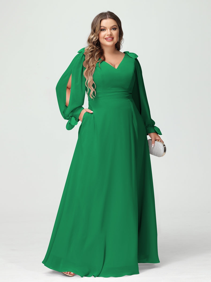 A-Line/Princess V-Neck Long Sleeves Plus Size Bridesmaid Dresses with Pockets & Split Side