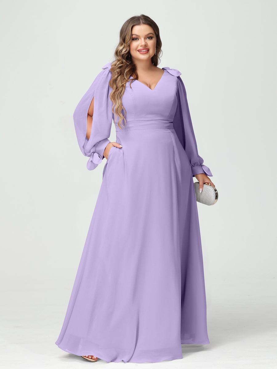 A-Line/Princess V-Neck Long Sleeves Plus Size Bridesmaid Dresses with Pockets & Split Side