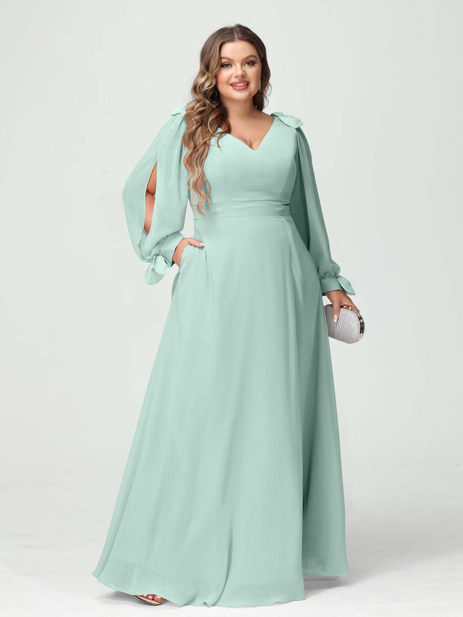 A-Line/Princess V-Neck Long Sleeves Plus Size Bridesmaid Dresses with Pockets & Split Side