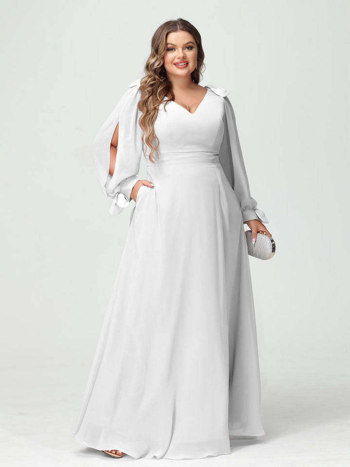 A-Line/Princess V-Neck Long Sleeves Plus Size Bridesmaid Dresses with Pockets & Split Side