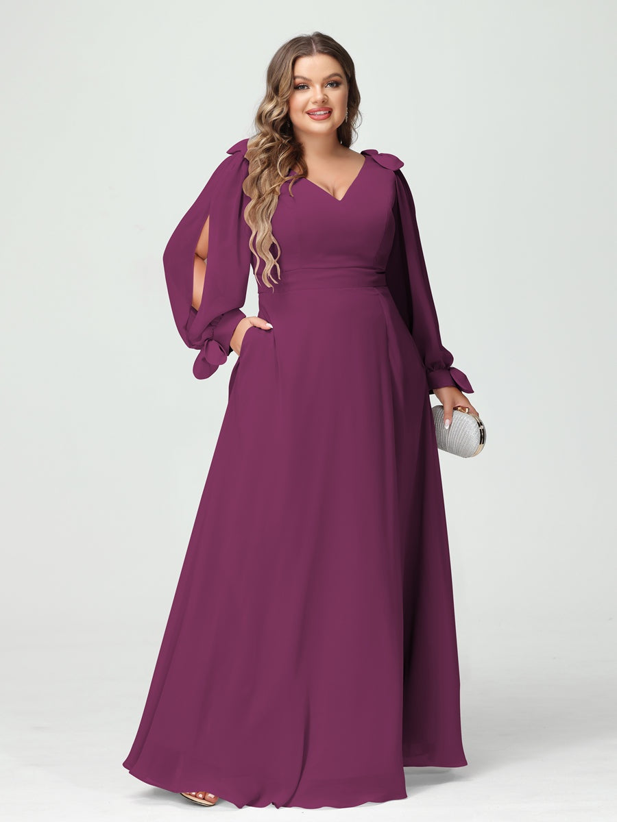 A-Line/Princess V-Neck Long Sleeves Plus Size Bridesmaid Dresses with Pockets & Split Side