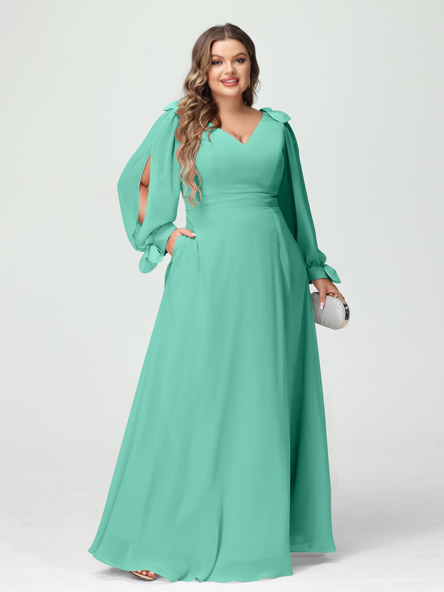 A-Line/Princess V-Neck Long Sleeves Plus Size Bridesmaid Dresses with Pockets & Split Side