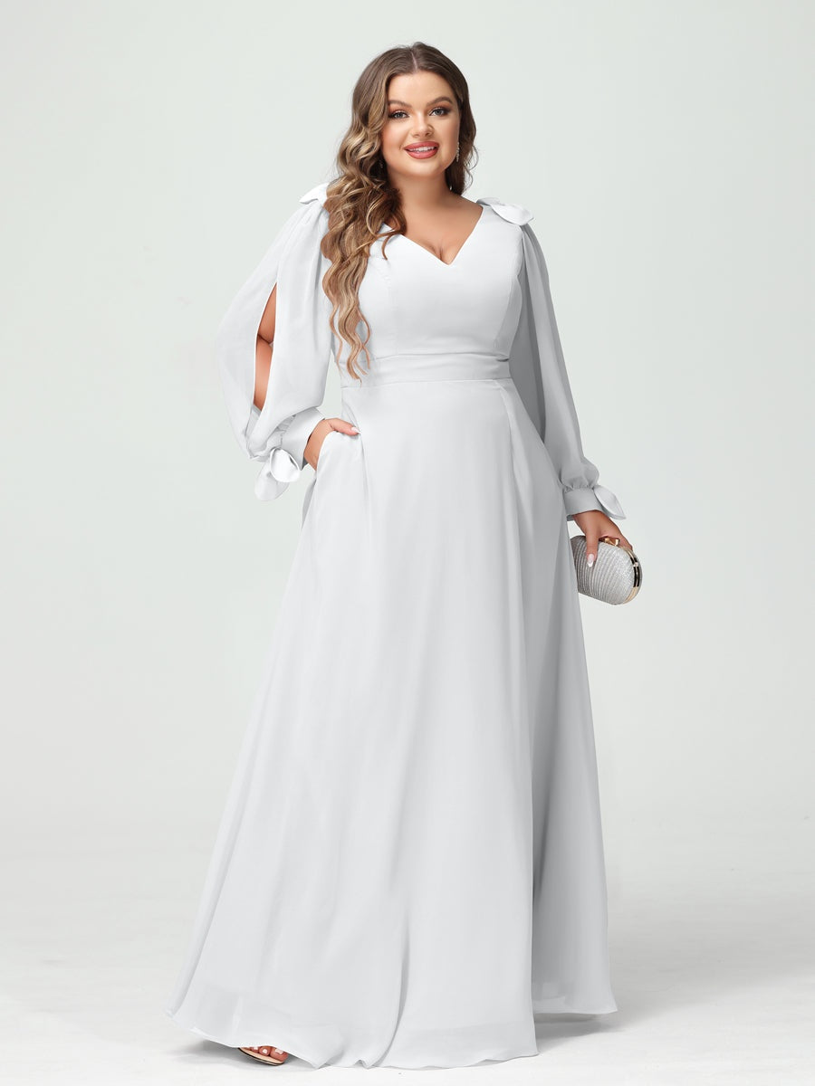 A-Line/Princess V-Neck Long Sleeves Plus Size Bridesmaid Dresses with Pockets & Split Side