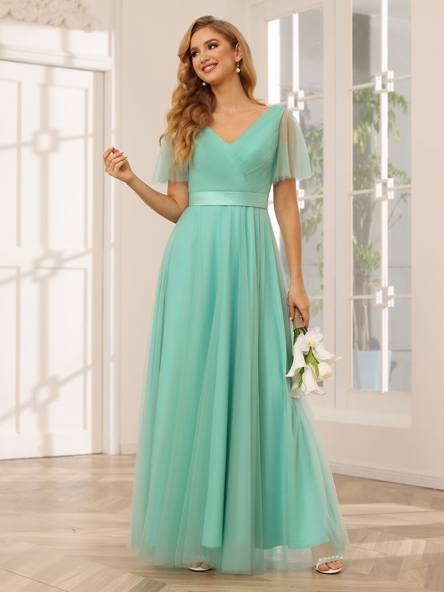 A-Line/Princess V-Neck Short Sleeves Floor-Length Long Bridesmaid Dresses with Lace