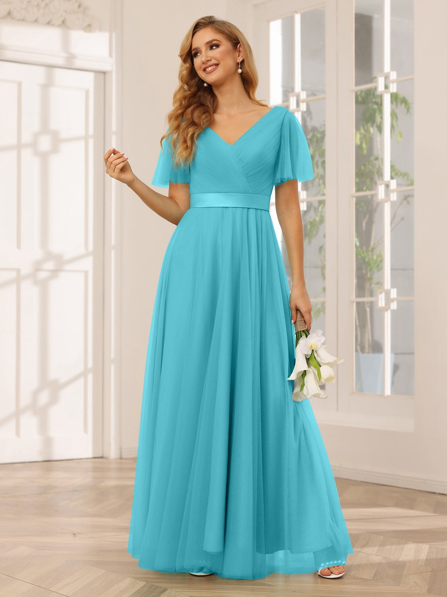 A-Line/Princess V-Neck Short Sleeves Floor-Length Long Bridesmaid Dres - Mondressy A-Line/Princess V-Neck Short Sleeves Floor-Length Long Bridesmaid Dres - Mondressy