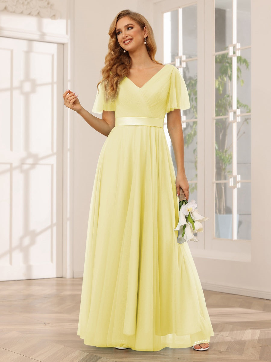 A-Line/Princess V-Neck Short Sleeves Floor-Length Long Bridesmaid Dresses with Lace Canary