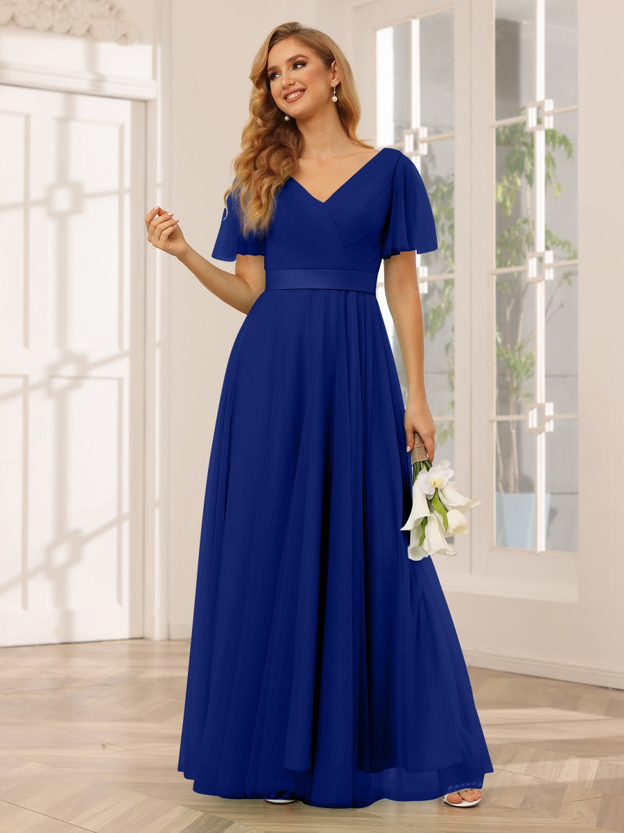 A-Line/Princess V-Neck Short Sleeves Floor-Length Long Bridesmaid Dresses with Lace