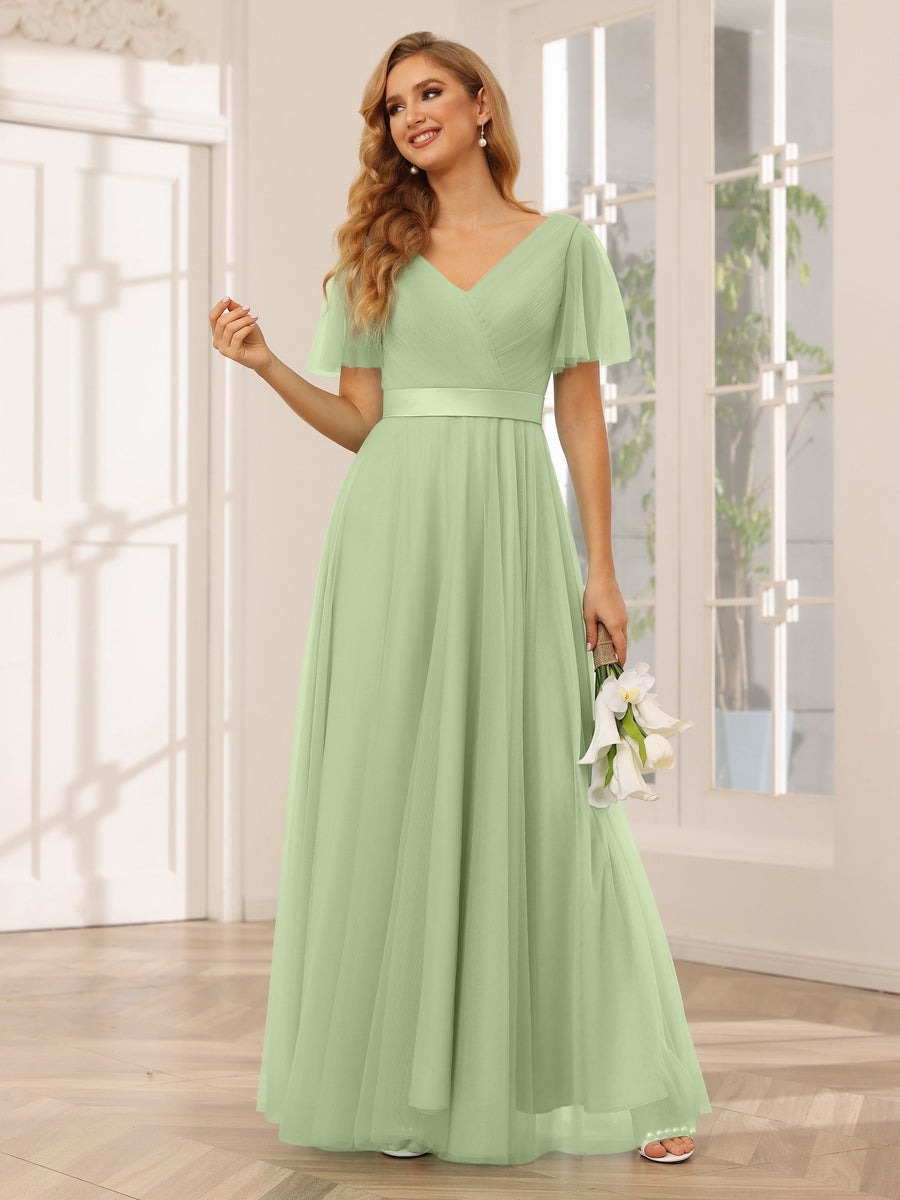 A-Line/Princess V-Neck Short Sleeves Floor-Length Long Bridesmaid Dres